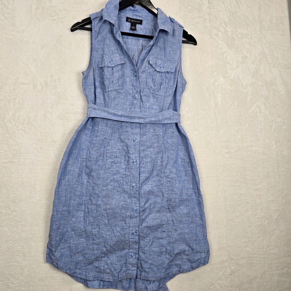 INC International Concepts Blue 100% Linen Sleeveless Belted Shirt Dress 6P